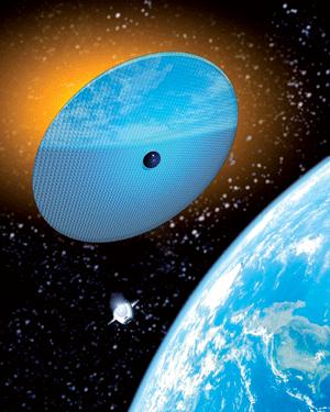 Computer artwork of a large mirror (circular) in Earth orbit with a spacecraft (lower left). The mirror is designed to shield the Earth (lower right) from the sun (behind mirror), in an attempt to control changes in the climate of the Earth. This proposed method is one of several that could be used to reduce the effects of human-made global warming. Many such mirrors would be needed. Computer artwork of a large mirror (circular) in Earth orbit with a spacecraft (lower left). The mirror is designed to shield the Earth (lower right) from the sun (behind mirror), in an attempt to control changes in the climate of the Earth. This proposed method is one of several that could be used to reduce the effects of human-made global warming. Many such mirrors would be needed.