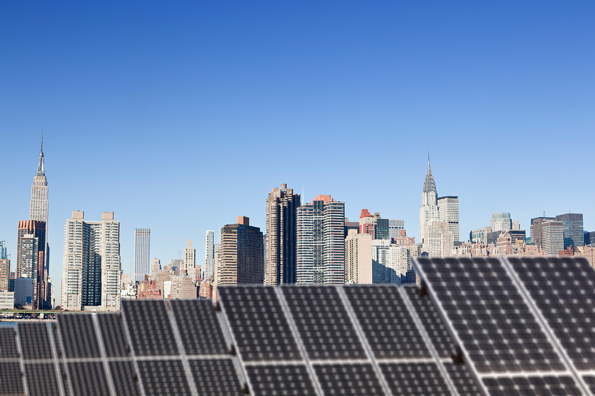 Solar panels on roof of building in New York City